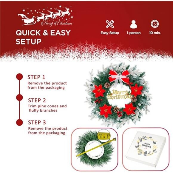 24In Christmas Weatherproof, with Red Bows Artificial Holly Leaves Wreath - Picture 3 of 6